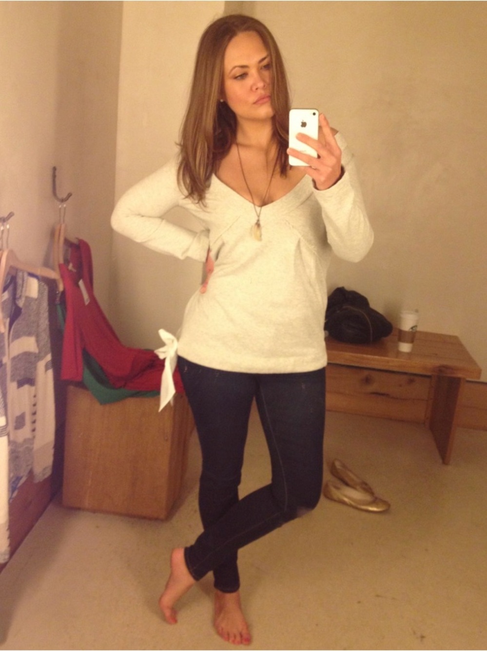 Fleurette/Anthropologie Light Gray Deep V-Neck Terry Sweatshirt Size Small